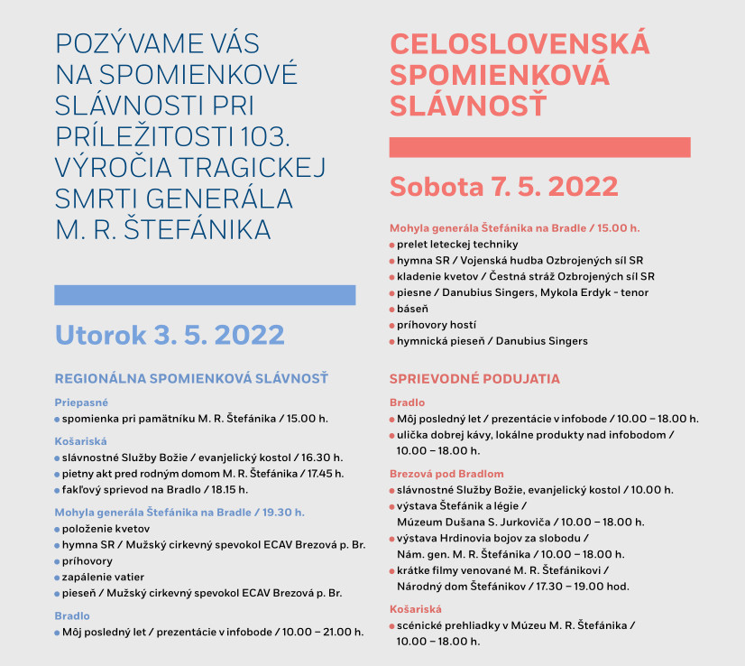 Program slávnosti pri príležitosti 103. výročia smrti M. R. Štefánika