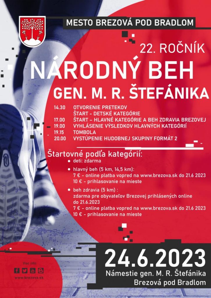 V Brezovej pod Bradlom sa bude konať už 22. ročník Národného behu gen. M. R. Štefánika, a to v sobotu 24. júna 2023 so štartom na Námestí gen. M. R. Štefánika.